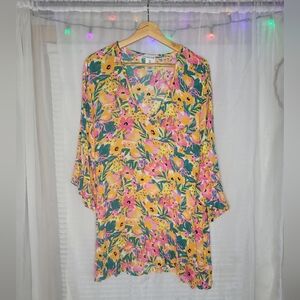 Anne Cole SwimSuit Cover Up M/L Yellow Pink Orange Green Floral Flowy Flouce